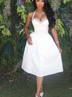 Fashion Nova White Halter Midi Dress with Sweetheart Neckline